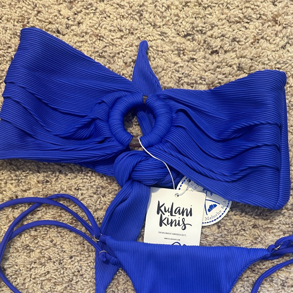 Kulanis Kinis Strapless Bandeau Bikini Top - Ocean Blue Ribbed - Extra Large